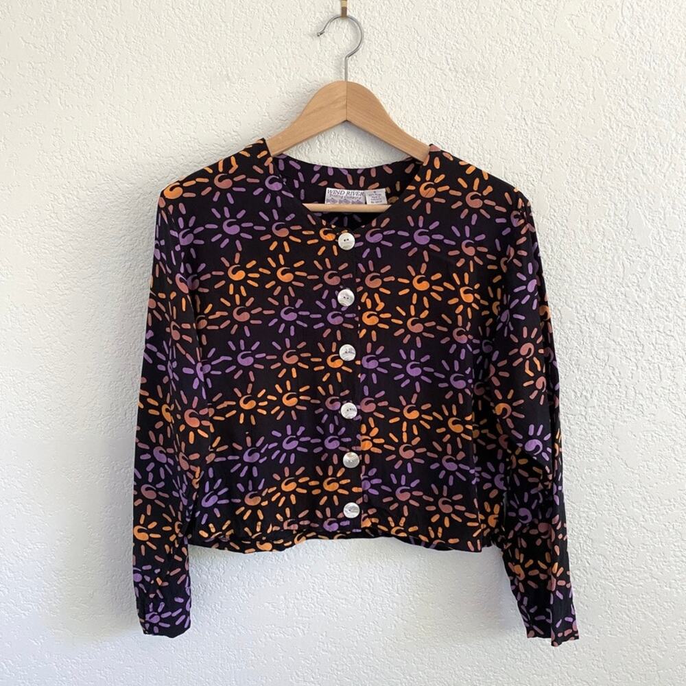 Vintage Tie-Dye Sun Pattern Button Up Top Rayon Art Teacher Boho